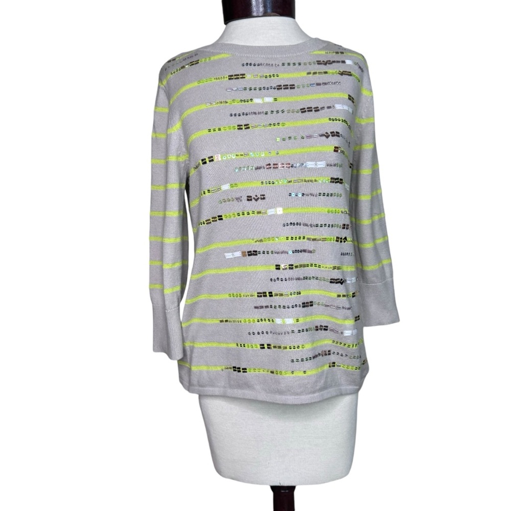 Coldwater Creek Taupe Lime Green Sequins Stripe Lightweight Pullover Sweater XS